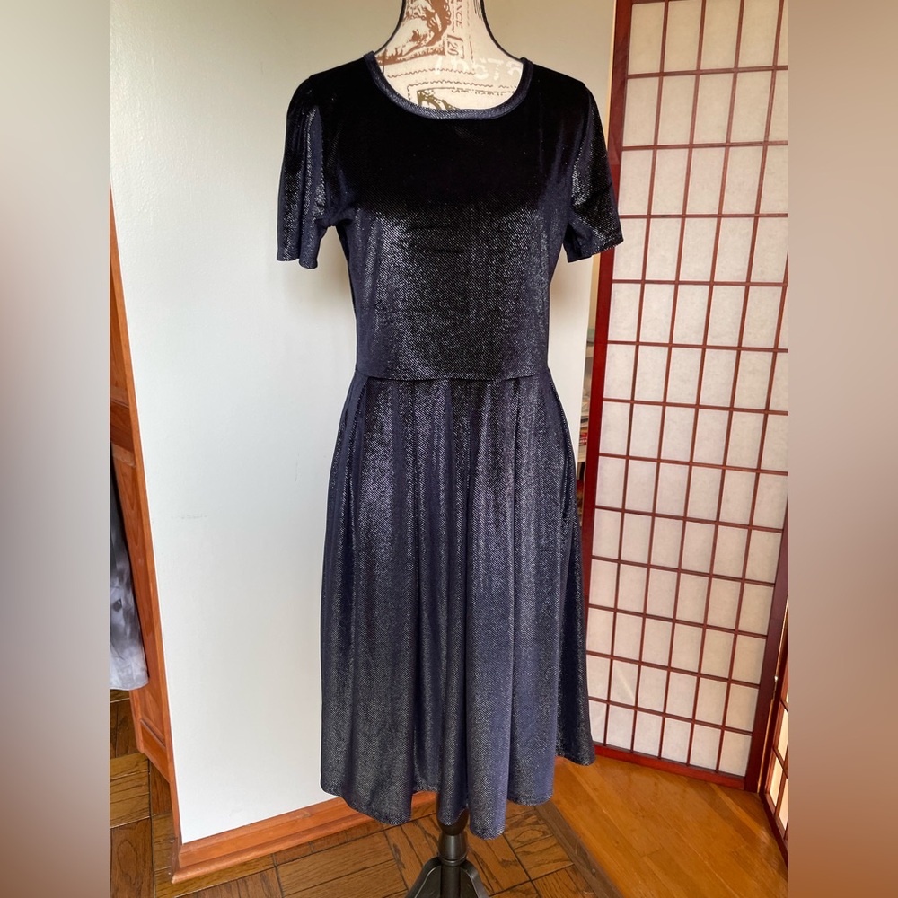 LuLaRoe Shimmering Navy Blue Midi Dress, Size L